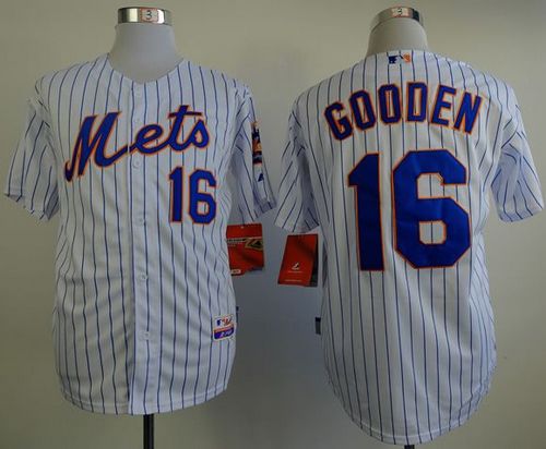 Mets #16 Dwight Gooden White(Blue Strip) Home Cool Base Stitched MLB Jersey - Click Image to Close